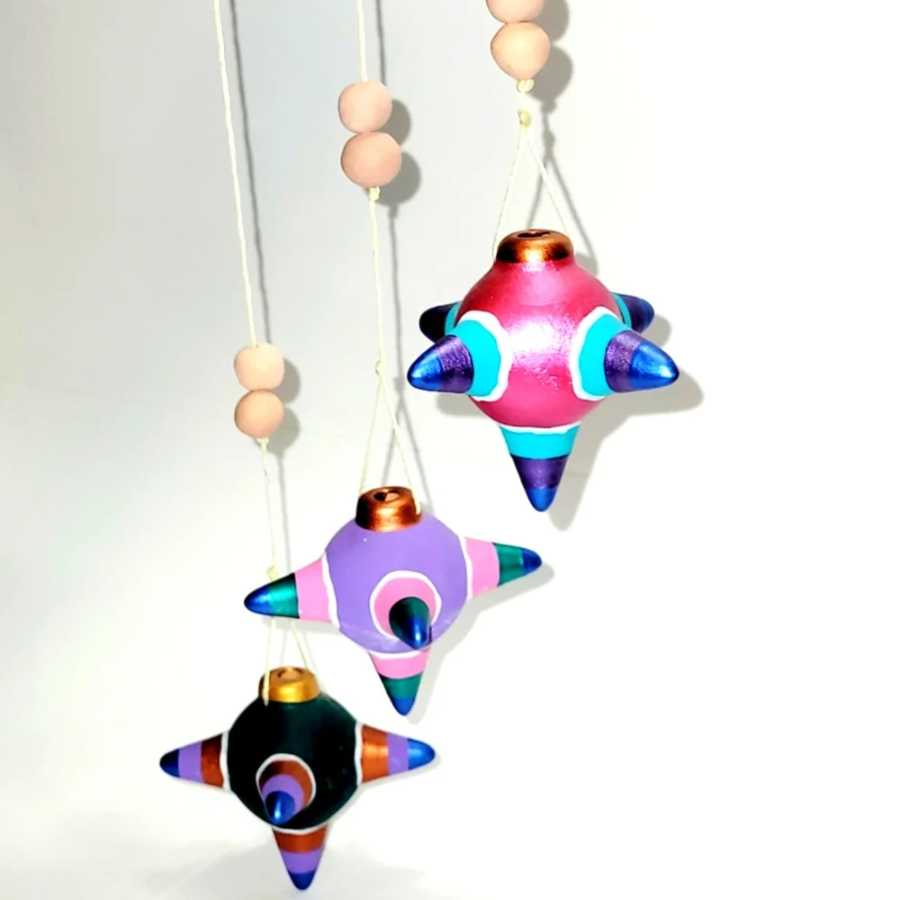 Folkart Mobile, 3 Metallic Painted Clay Piñatas, Mexican Hanging Decorat…